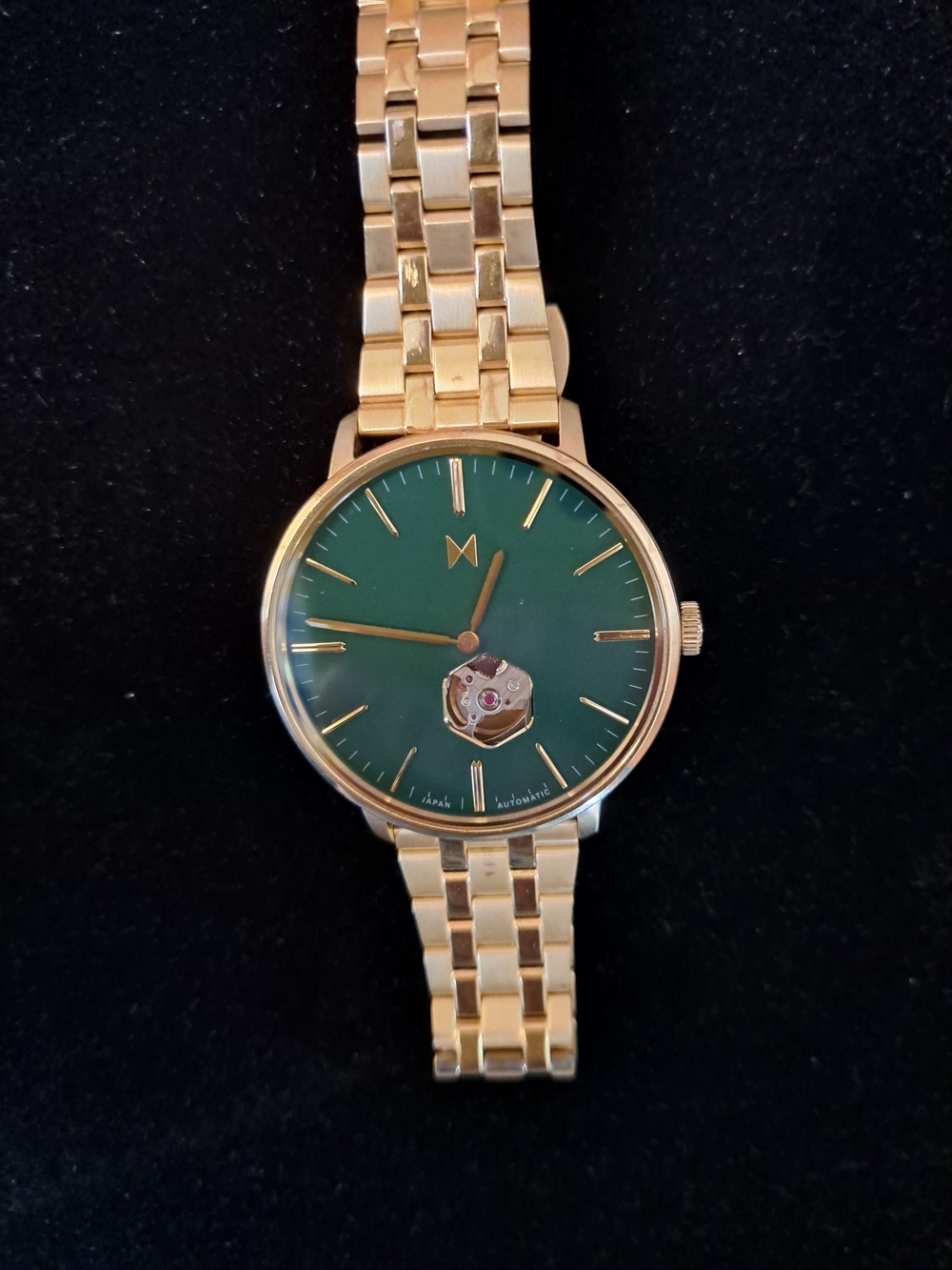 MVMT Gold Bracelet Watch with Green Dial and Open Heart